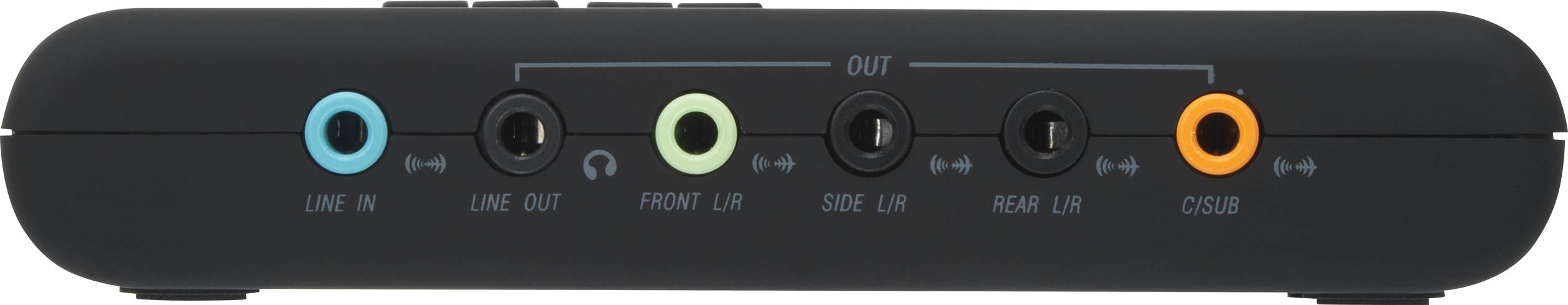'Achterkant van een audio-apparaat met vijf aansluitingen: Line In, Line Out, Front L/R, Side L/R, Rear L/R en C/Sub, gekleurd gemarkeerd.'
