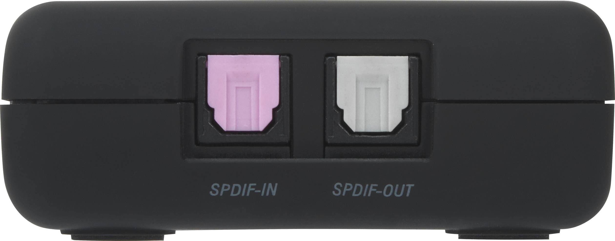 'Zwart apparaat met twee optische SPDIF-aansluitingen, links gemarkeerd als SPDIF-IN in roze en rechts als SPDIF-OUT in wit.'