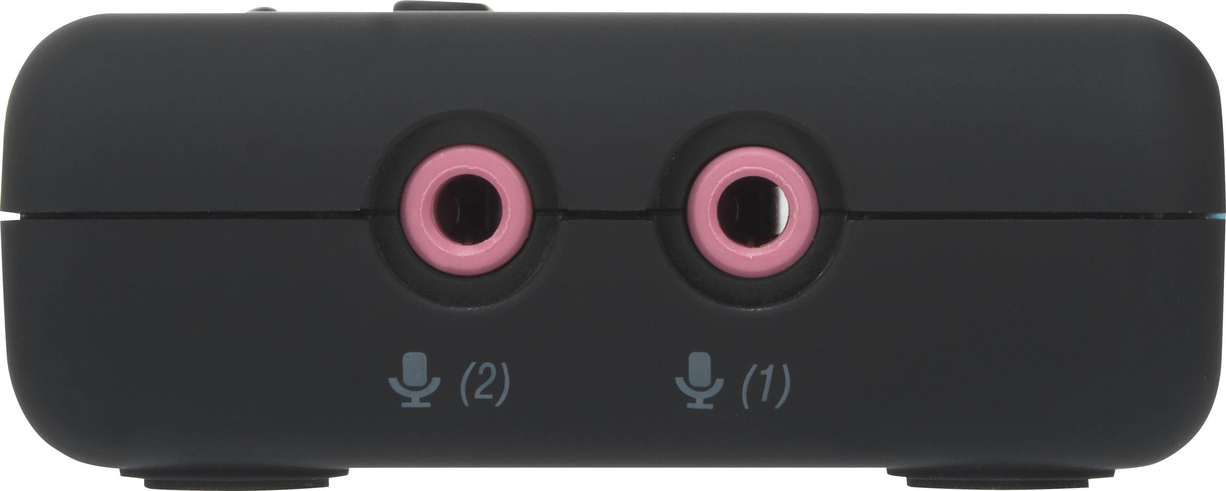 Een zwart apparaat met twee roze audioaansluitingen, gemarkeerd met 'Microfoon (2)' en 'Microfoon (1)'.