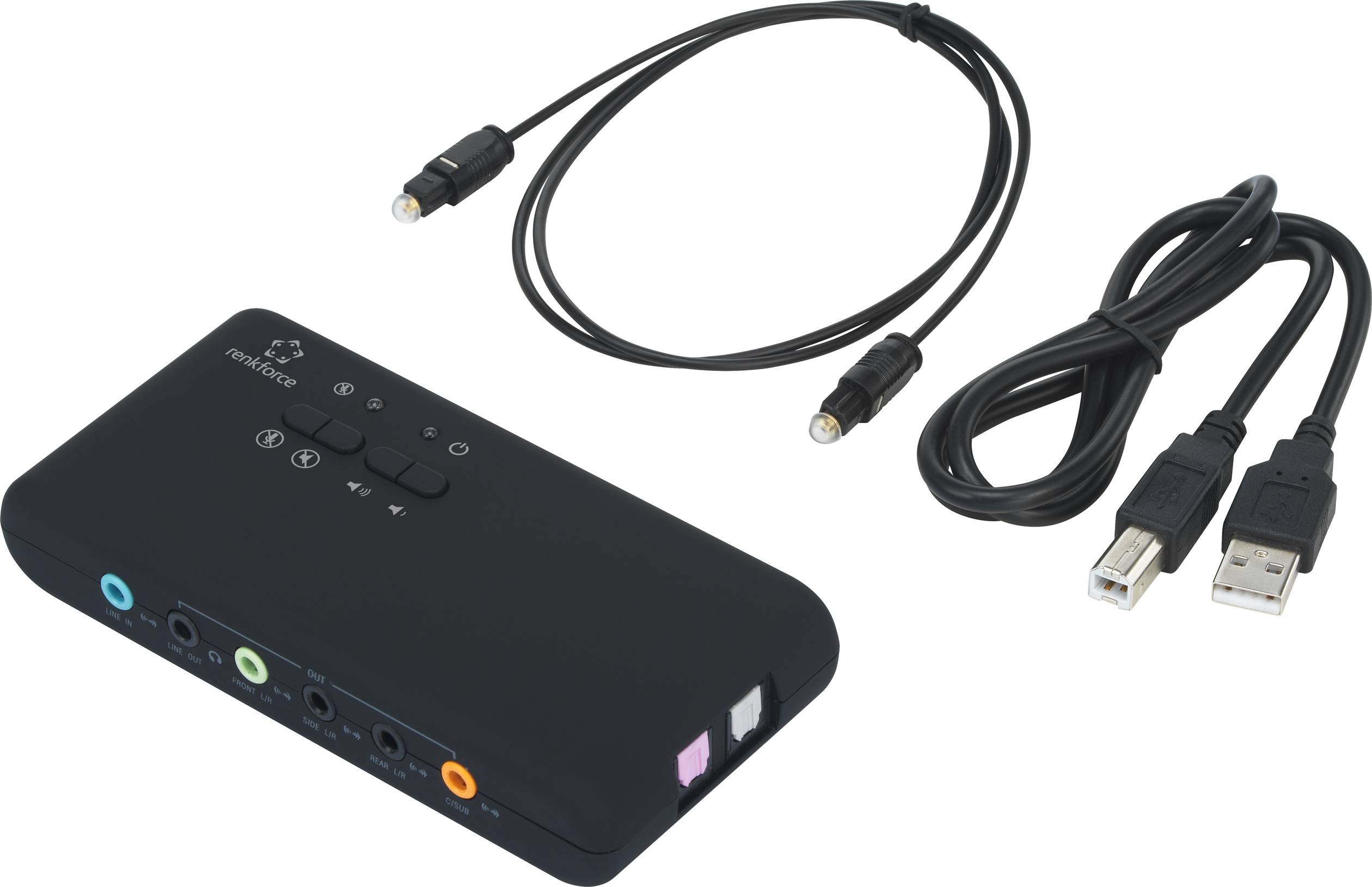 Externe geluidskaart met USB-aansluiting en diverse kleurgecodeerde audio-ingangen. Bevat twee verbindingskabels.