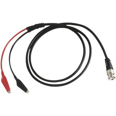 Een zwarte kabel met een BNC-stekker aan het ene uiteinde en rode en zwarte krokodilklemmen aan het andere uiteinde.