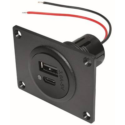 Zwart USB-aansluitingsmodule met USB-A- en USB-C-aansluitingen, rood-zwarte draden voor stroomvoorziening. Geschikt voor inbouwinstallaties.