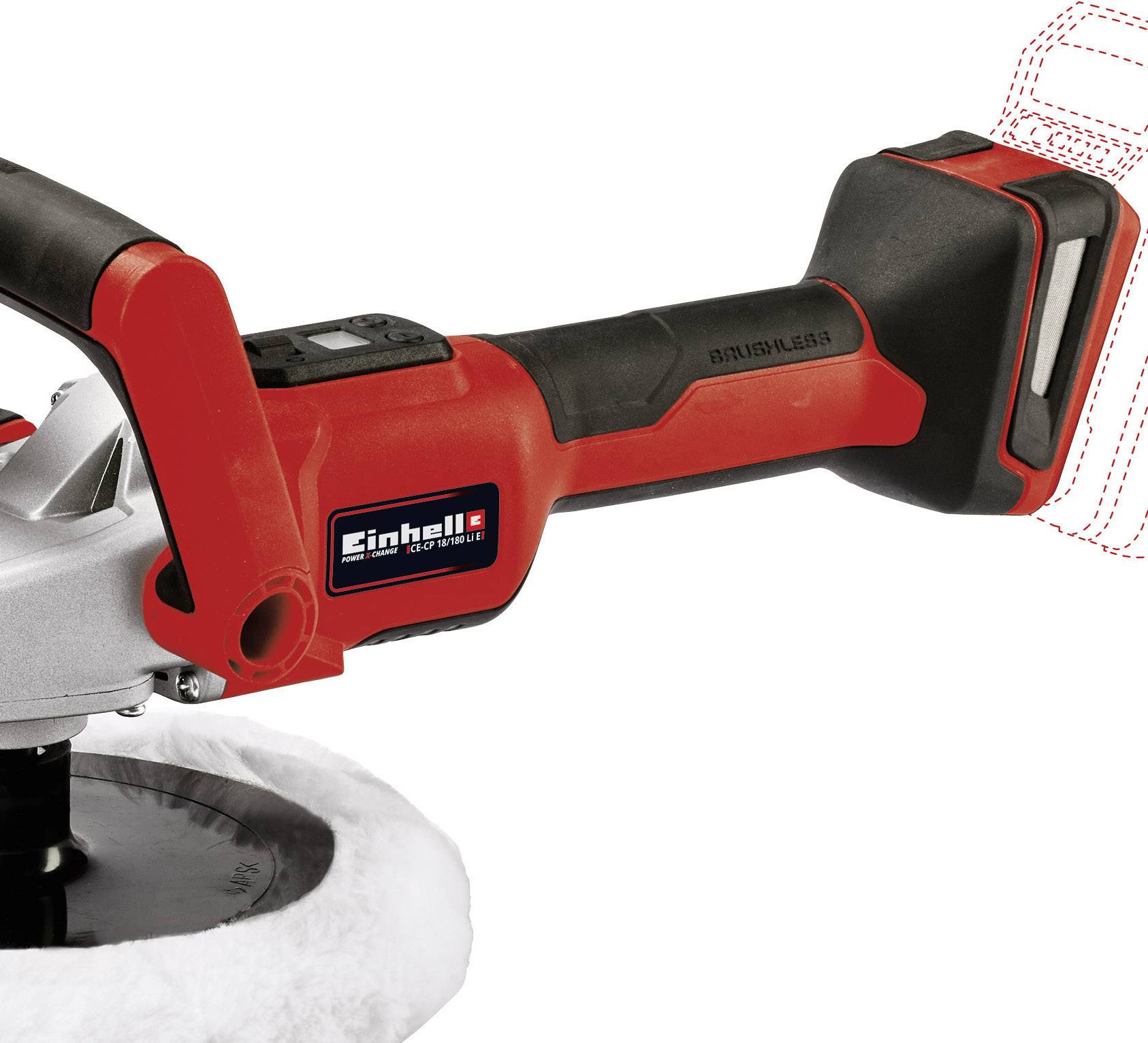 Rode en zwarte accu-polijstmachine, merk Einhell, met ergonomische handgreep en geïntegreerd accuvak. Geschikt voor autopolijsten.
