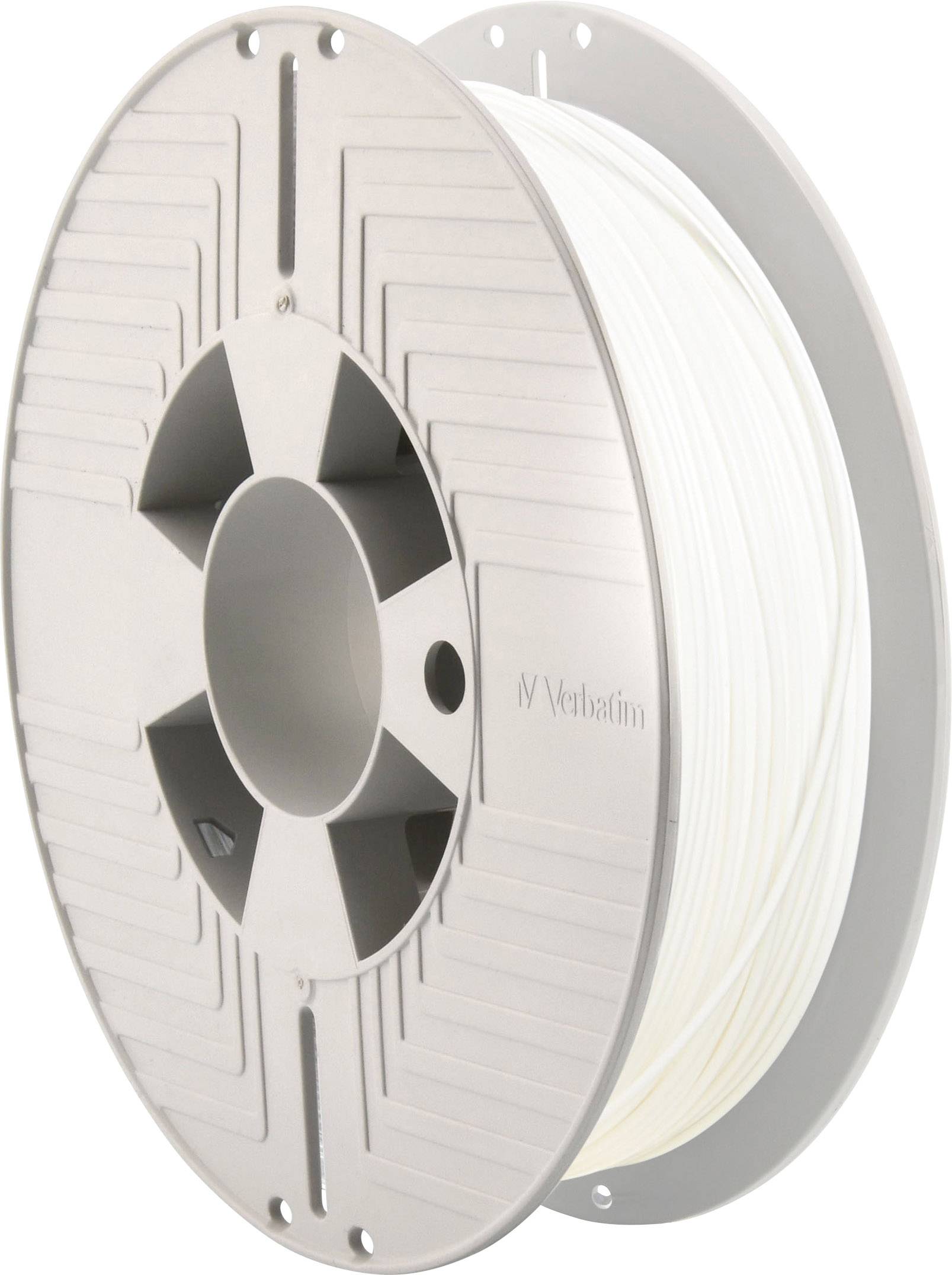 Een spoel met wit 3D-printer-filament van Verbatim. Hij heeft een ronde vorm en een ribstructuur rond het midden van de rol.