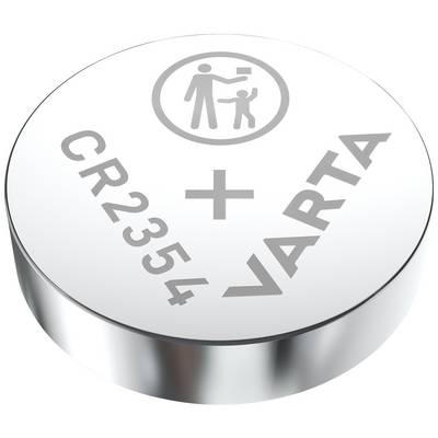 Zilveren knoopcel met opschrift 'CR2354' en 'VARTA'. Pictogram van een cirkelvormig symbool toont een volwassene en een kind.