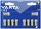 10-pack VARTA CR2 lithiumbatterijen in blisterverpakking. Voornamelijk zilver met blauwe en gele designelementen.