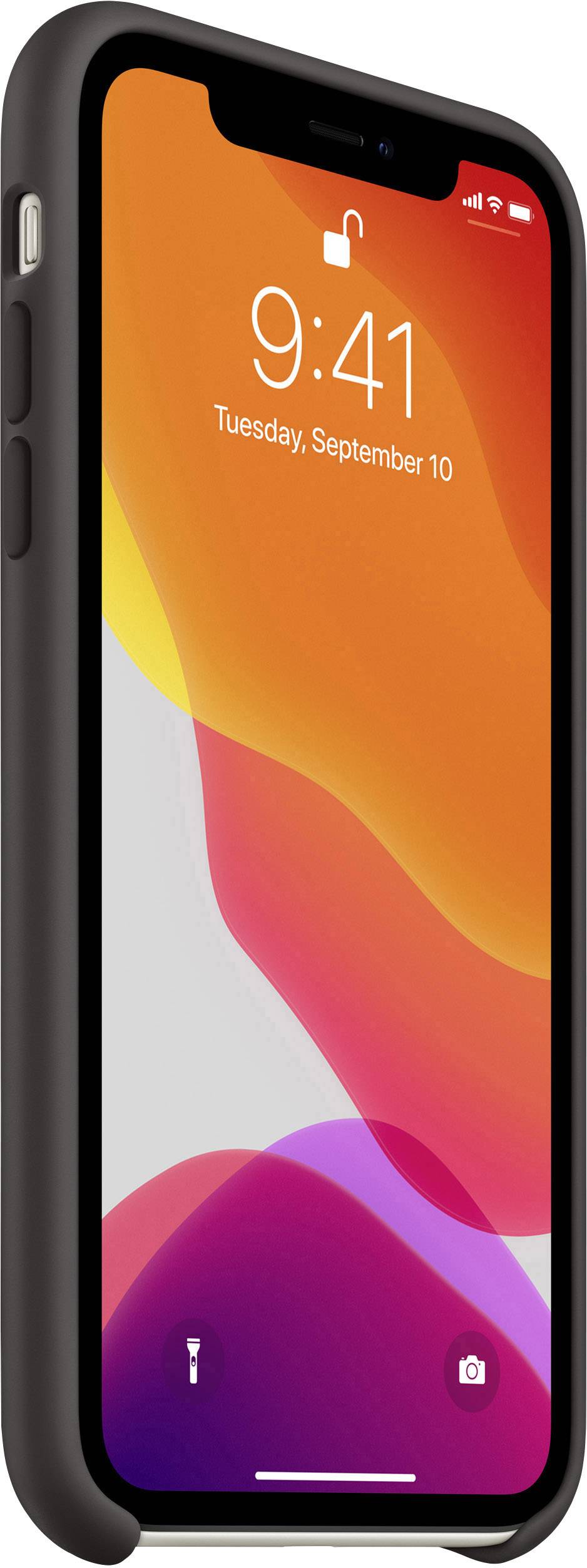 Smartphone in een zwarte beschermhoes met display dat de tijd 9:41 en de datum, dinsdag 10 september, toont. Achtergrond in oranje- en rozetinten.
