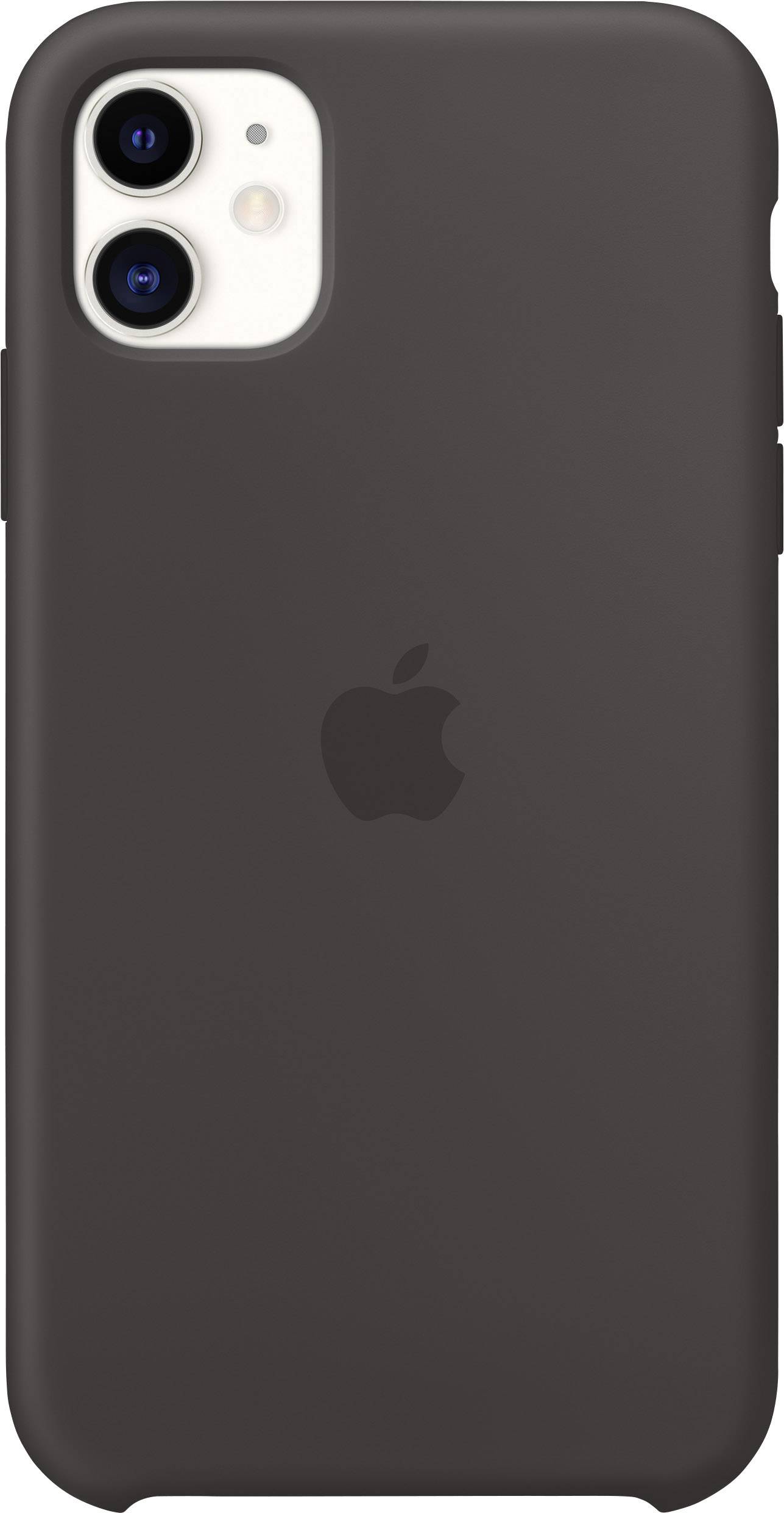 Een zwarte smartphone met een zwarte hoes, de achterkant waarop het Apple-logo zichtbaar is; twee cameralenzen linksboven.