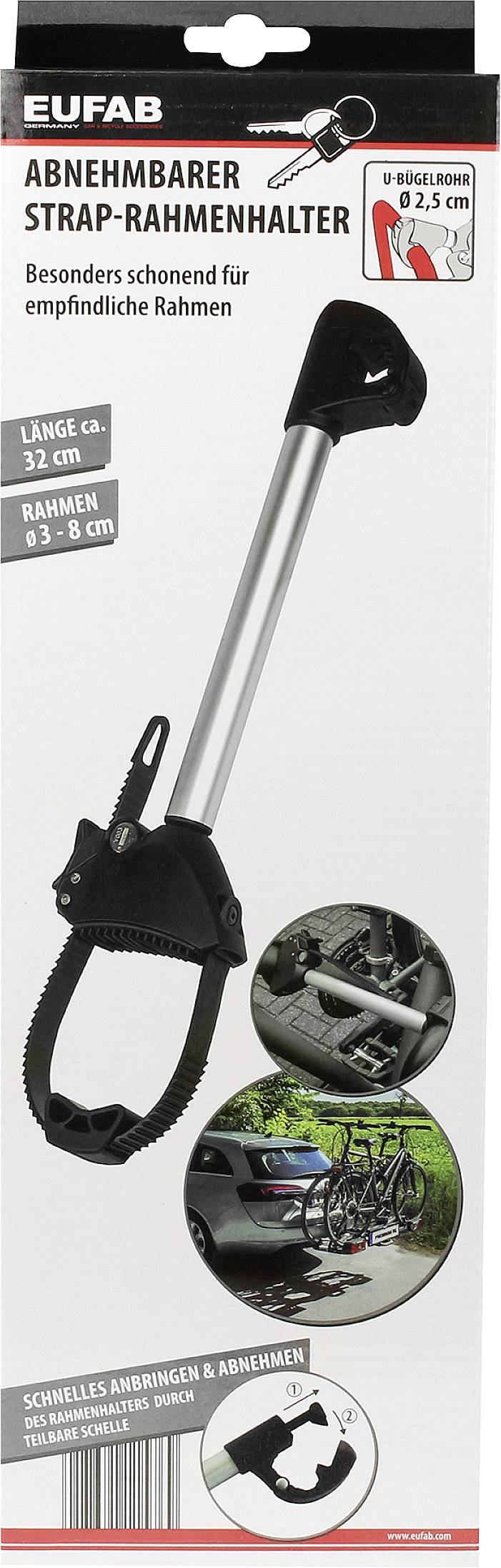 Verpakking van een afneembare frame-dragerhouder van het merk EUFAB, lengte 32 cm, voor fietskaders 9-8 cm. Afbeelding van houder op fiets.