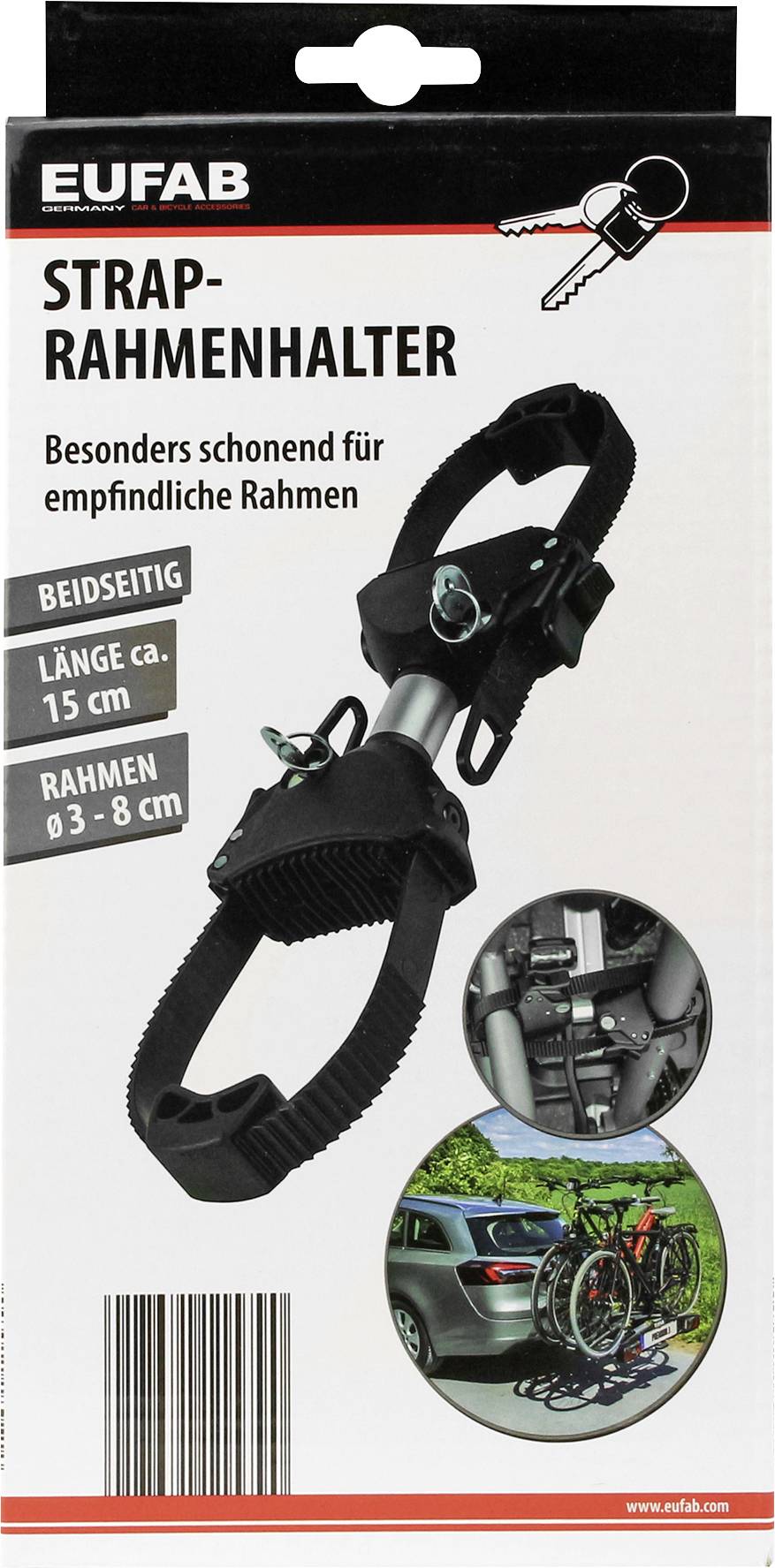 Verpakking van een fietsframedragersysteem van EUFAB, lengte 15 cm, geschikt voor frames van 3-8 cm. Zacht voor gevoelige frames, afbeelding toont gebruik.
