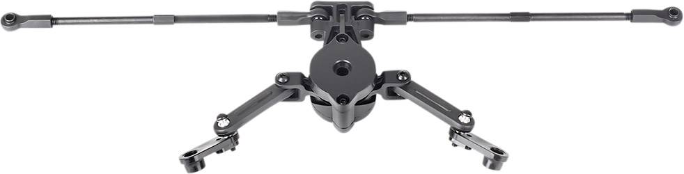 Een zwarte camera-stabilisator met twee uitschuifbare armen en een centrale montagesectie, geschikt voor nauwkeurige opnames.