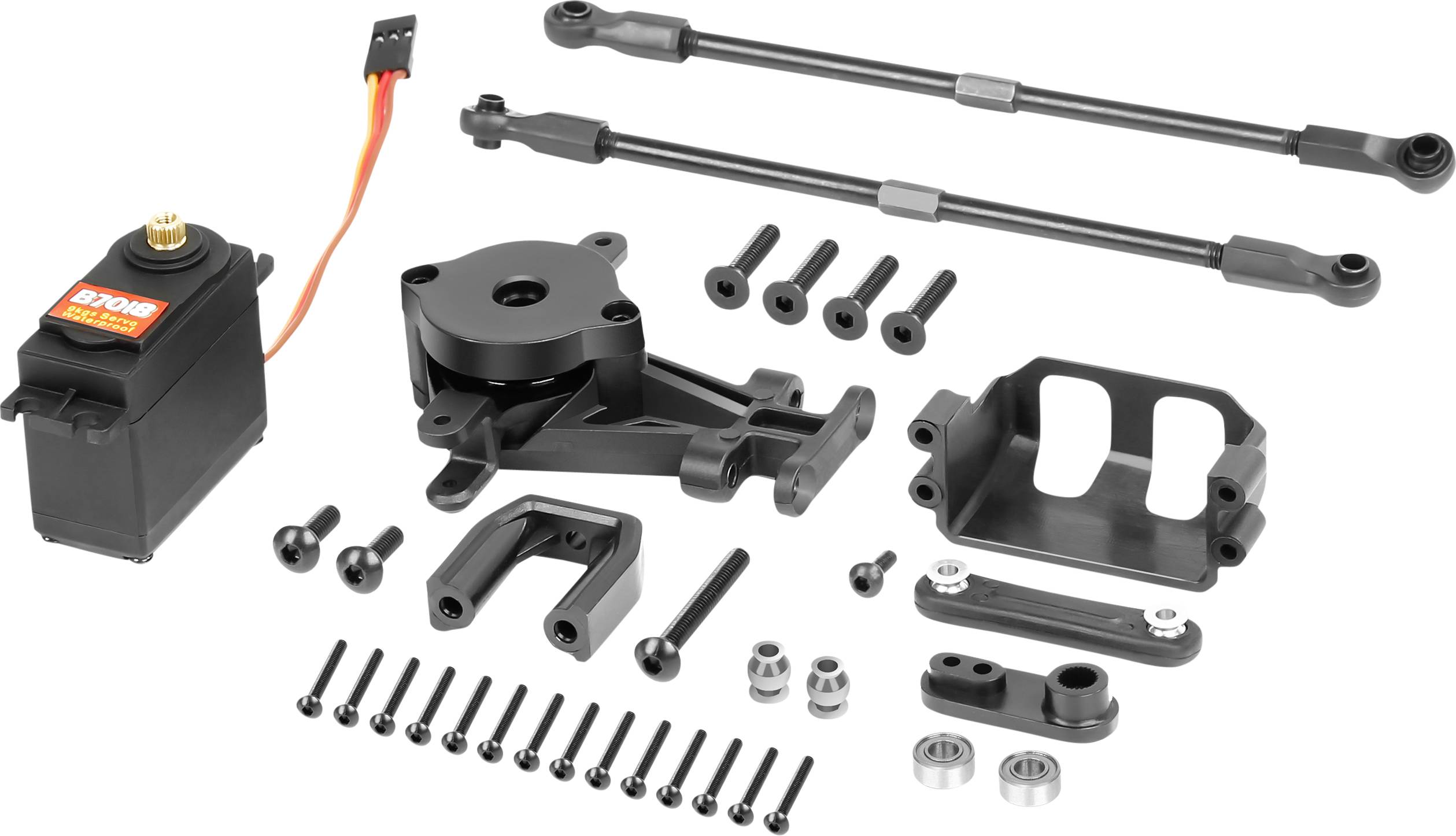 Onderdelen set voor het stuursysteem van een bestuurbaar modelvoertuig, inclusief servomotor, stuurstang en bevestigingsbouten.
