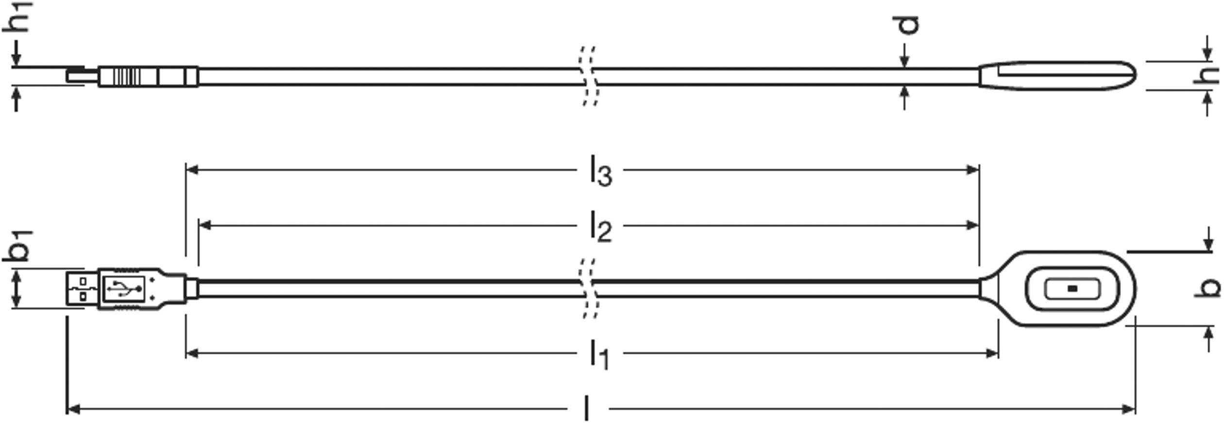 Diagram van een microfoon met maatvoering: lengte l, l1, l2, l3; breedtes b1, b2; diameter d; hoogtes h, h1. Verduidelijkt de afmetingen.
