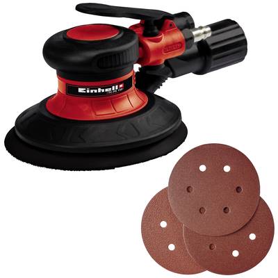 'Excentrische slijper met rood, ergonomisch design en trio-schijvenset. Ideaal voor hout- en metaaloppervlaktebewerking.'