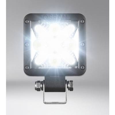 Vierkante LED-werkverlichting met helder X-vormig lichtpatroon in het midden, geschikt voor gebruik in werkomgevingen.