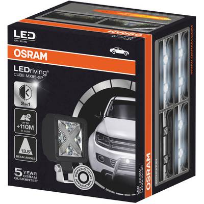 Een verpakking van Osram LED-voertuigkoplampen. Toont productafbeelding, koplamplichtstroom en de belofte van een 5-jarige garantie.