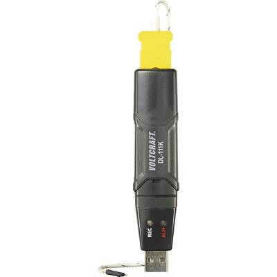 Een USB-datalogger van Voltcraft, model DL-111K. Hij heeft aansluitingen voor het meten van temperaturen en is zwart met gele elementen.