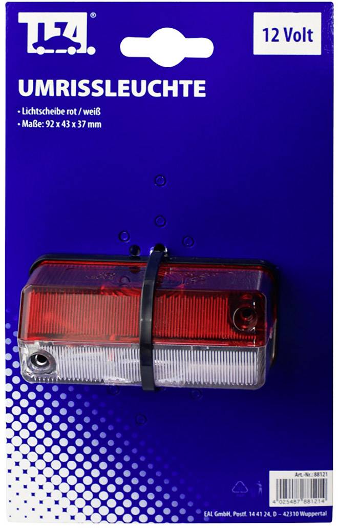 Blisterverpakking van een contourlicht met rood-wit licht voor 12 volt; Afmetingen: 92 x 43 x 37 mm; Productnummer onderaan rechts.