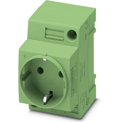 Groene standaard wandcontactdoos met CE-markering; geschikt voor 250V wisselstroom; geïntegreerde bevestigingsfunctie.