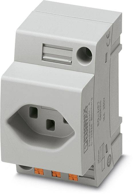 Een grijze, rechthoekige stekkeradapter voor montage op een DIN-rail, met meerdere aansluitklemmen rechtsonder.
