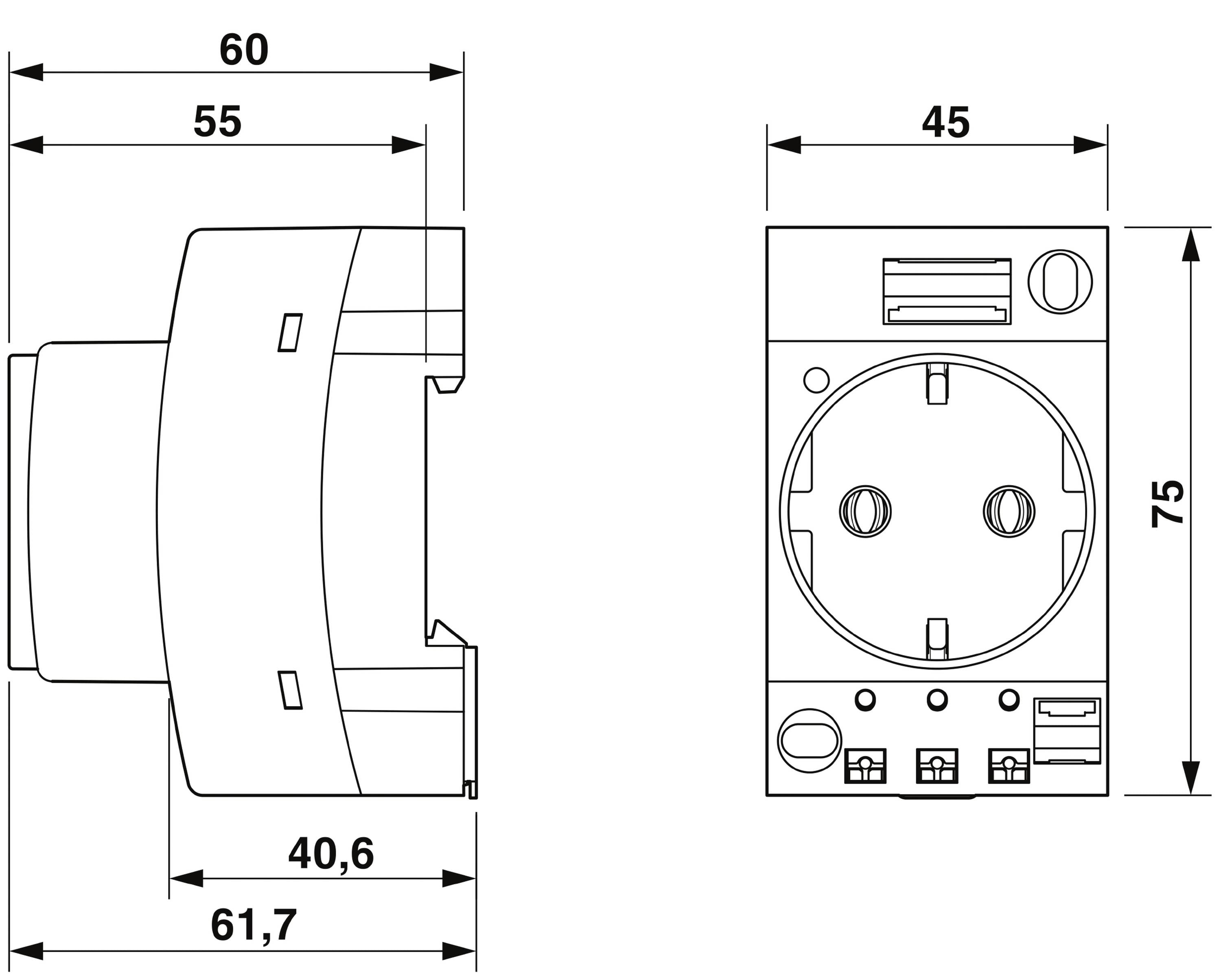 Technische tekening van een stopcontact met afmetingen: breedte 61,7 mm, hoogte 75 mm, diepte 40,6 mm. Toont voor- en zijaanzicht.