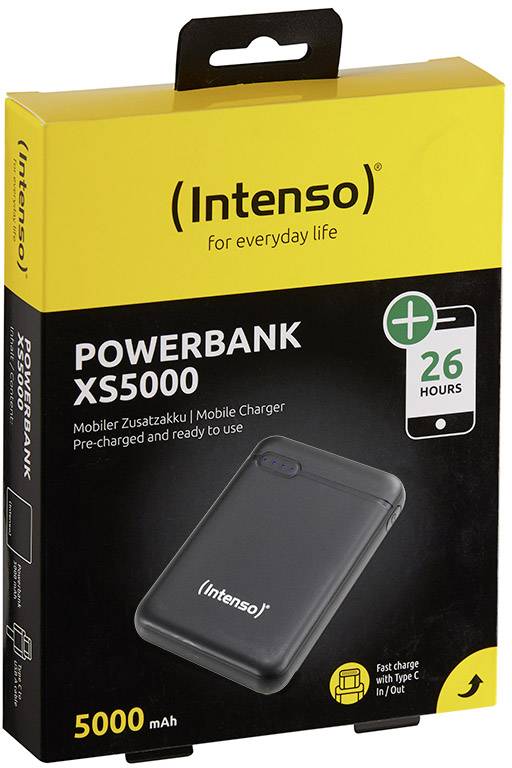 'Intenso Powerbank XS5000', gele verpakking. 5000 mAh, snel oplaadbaar met USB-C en Micro USB, tot 26 uur oplaadtijd.
