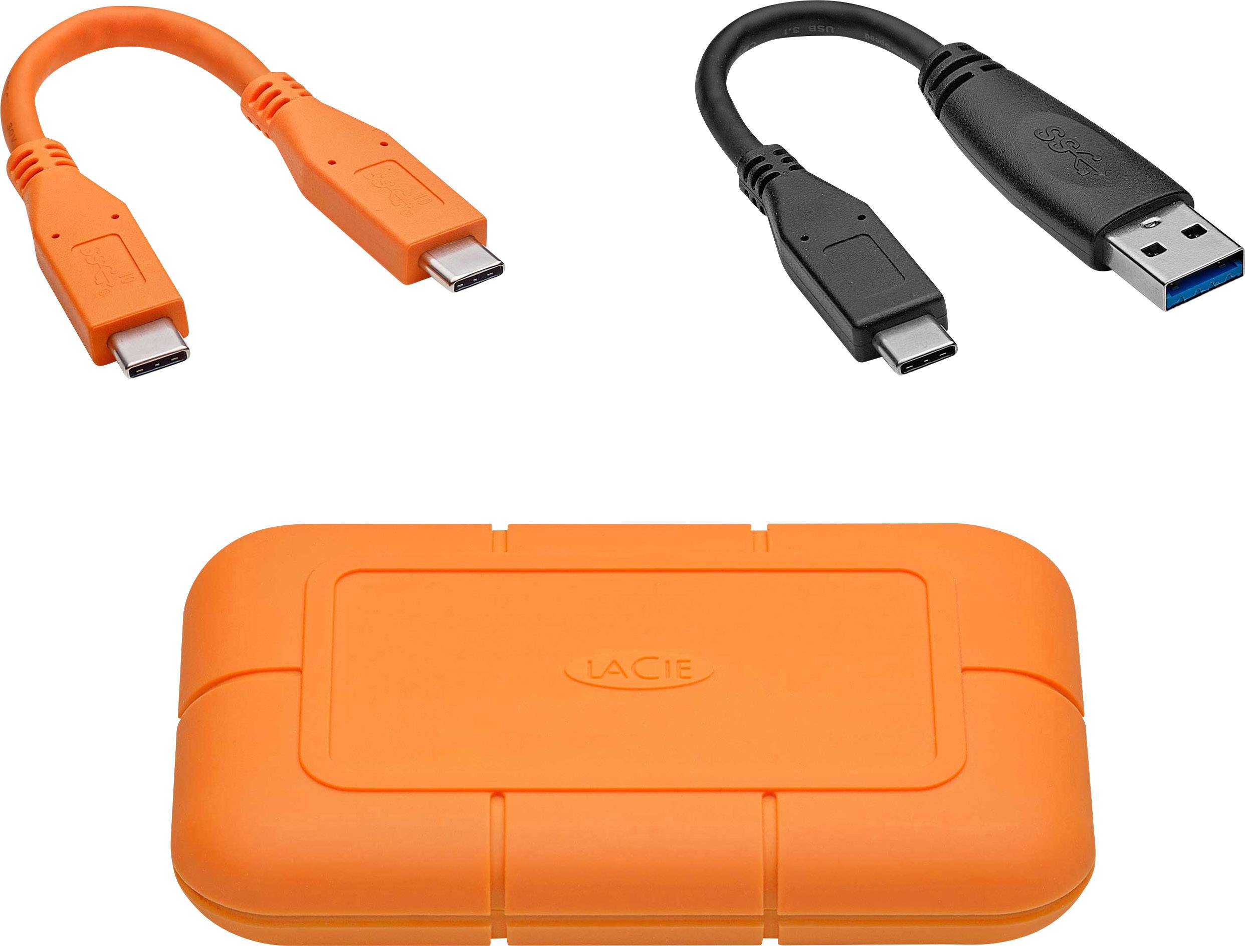 Externe harde schijf met oranje beschermende behuizing; twee aansluitkabels, één met USB-C en één met USB-A, afgebeeld.