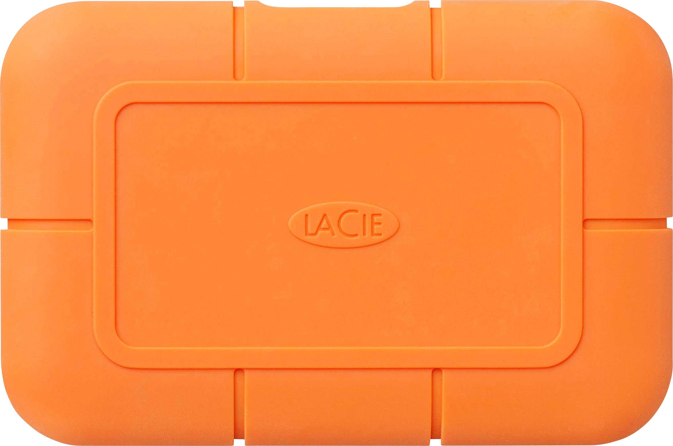 Externe harde schijf met oranje, robuuste behuizing.
