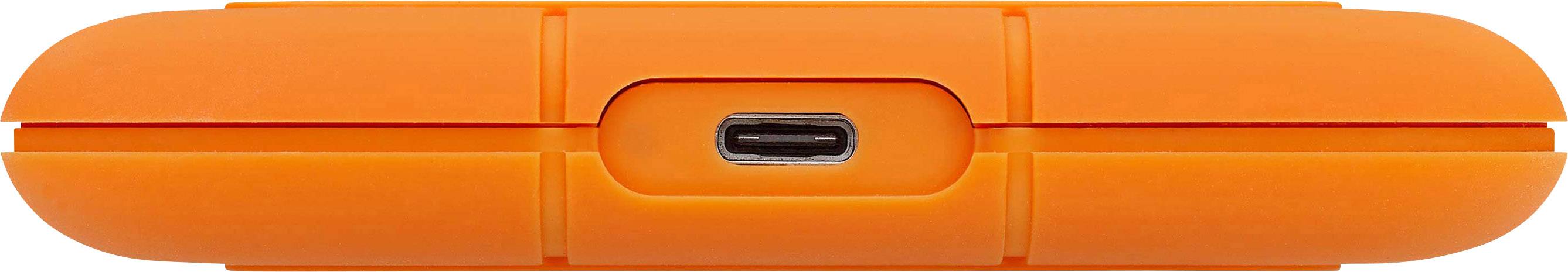 Oranje draagbare externe harde schijf met centrale USB-C-aansluiting, robuuste behuizing voor schok- en valbestendigheid.
