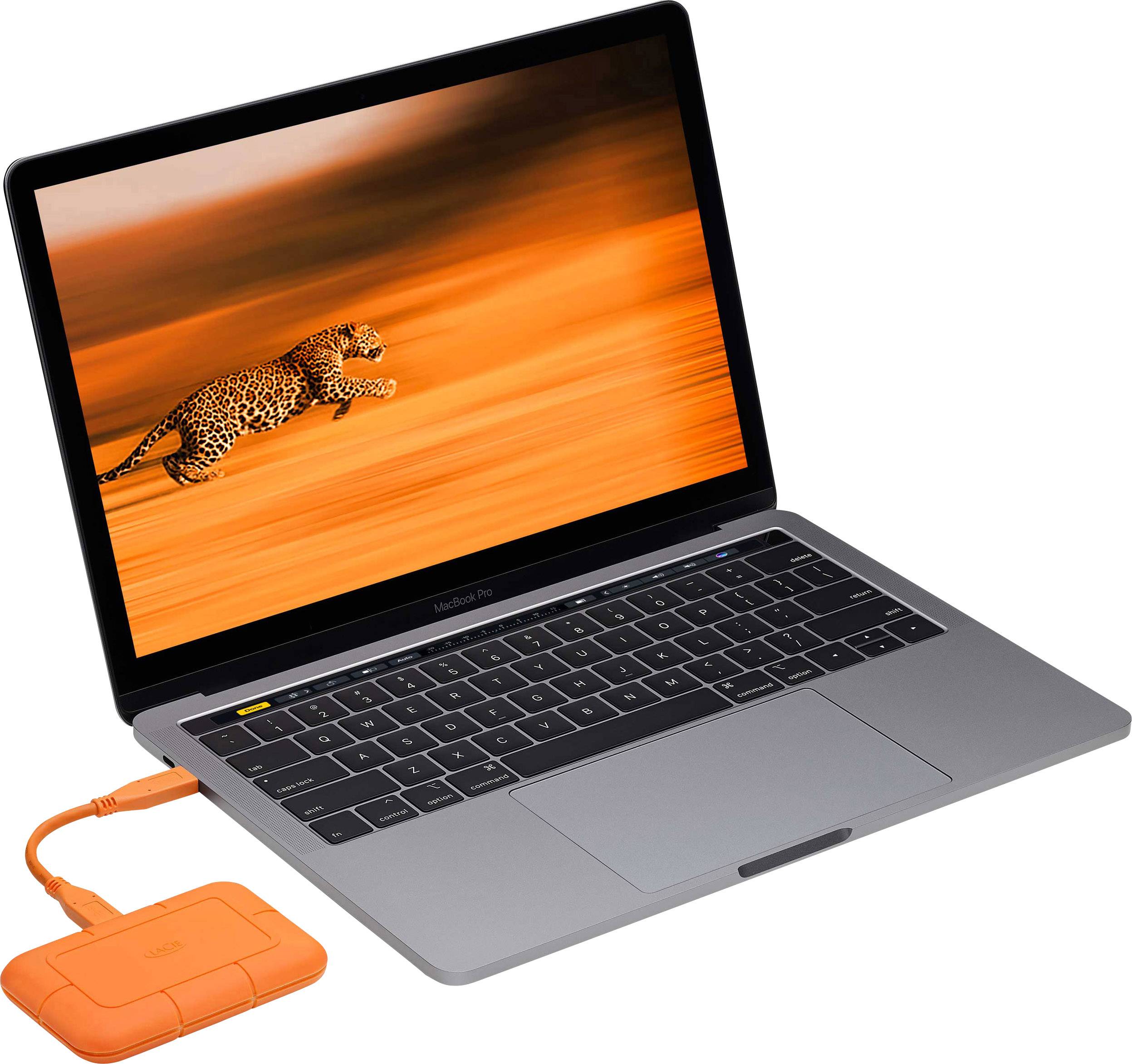 Laptop met geopend scherm toont een afbeelding van een rennende jachtluipaard. Een oranje externe opslagdrager is aangesloten.