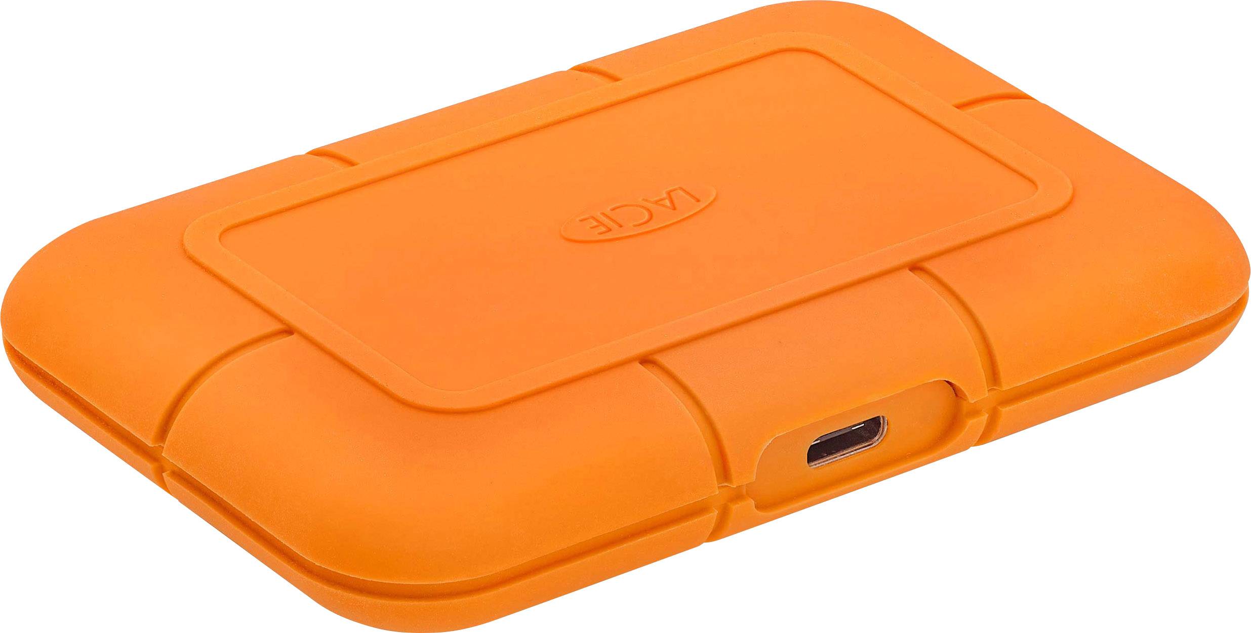Externe, oranje harde schijf met USB-C-aansluiting, robuust ontwerp voor bescherming en mobiele gegevensopslag.