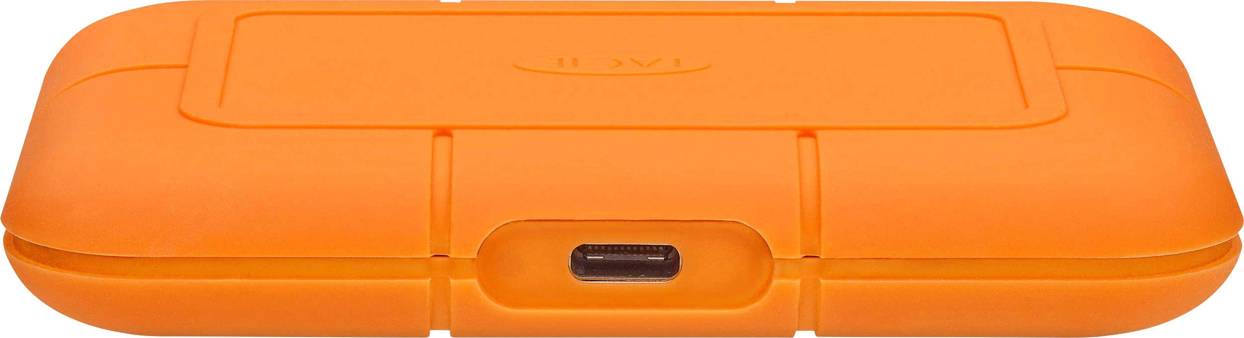Een oranje, rechthoekig apparaat met afgeronde hoeken en een centrale inbedding voor een aansluiting.