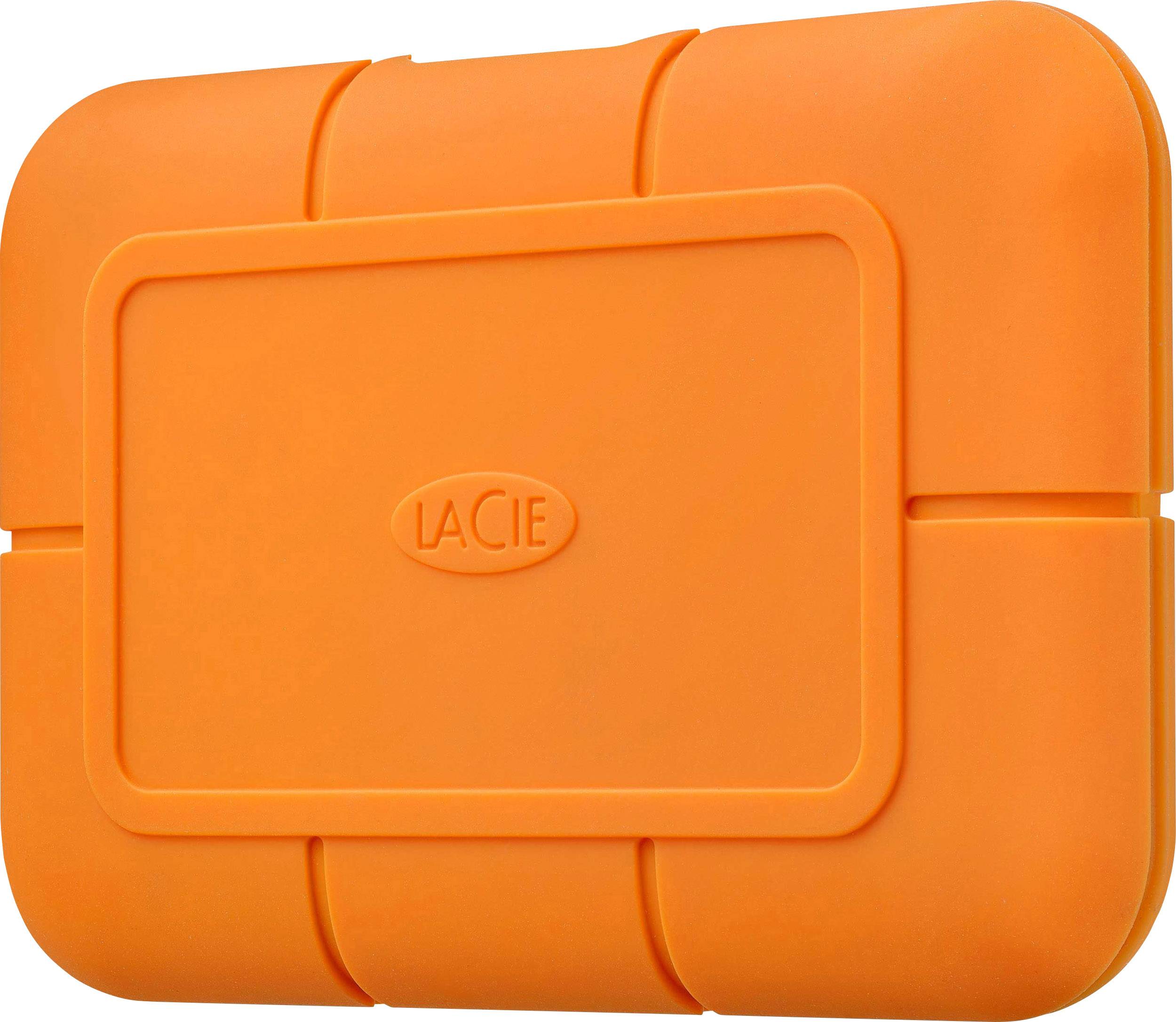 Externe harde schijf in een opvallende oranje beschermbehuizing, met het 'LaCie'-logo in het midden, bekend om zijn robuustheid en betrouwbaarheid.