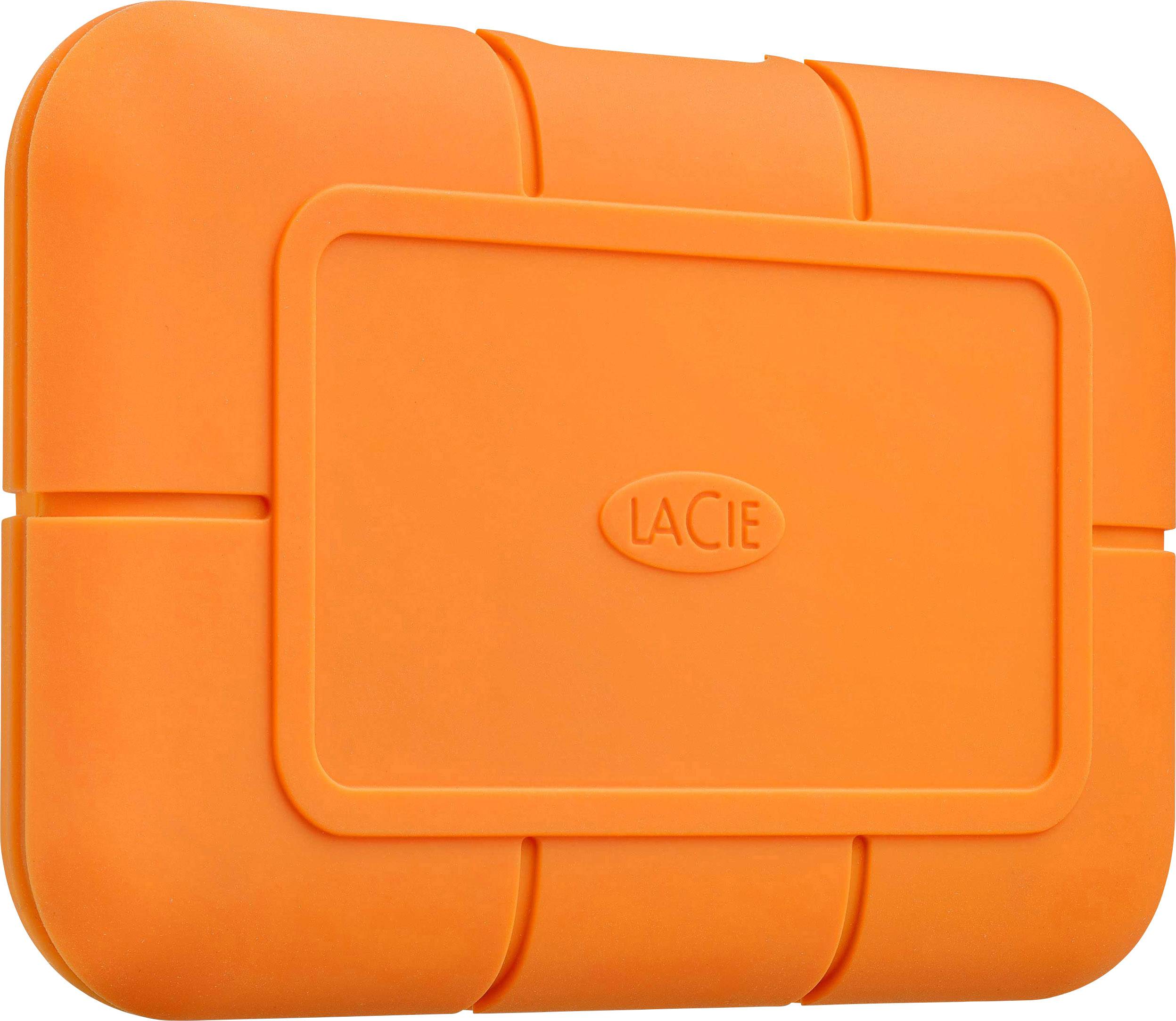 Externe harde schijf met een oranje, robuuste behuizing die zorgt voor extra bescherming. Merknaam 'LaCie' in het midden.