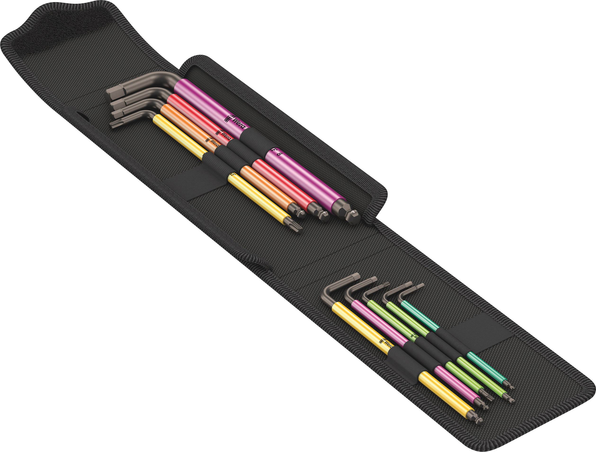 Een set kleurrijke inbussleutels in verschillende maten, netjes gerangschikt in een zwarte etui, toont een selectie aan gereedschappen.