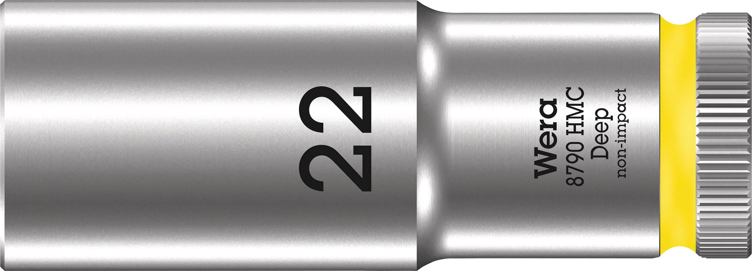 '22 mm dopsleutel' en 'Wera 8790 HMC Deep' op zilveren moersleutel; gele ring aan de rand.