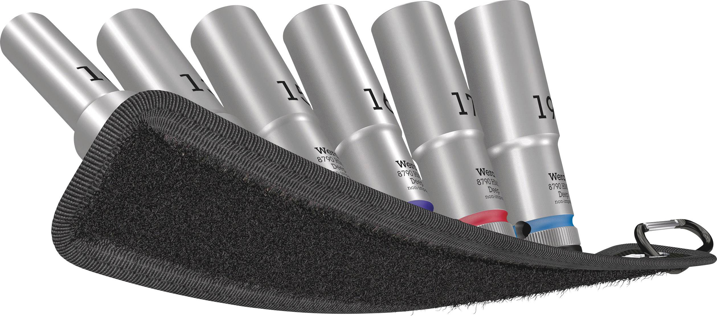 Een set van vijf zilveren steeksleutels in verschillende maten, netjes opgeborgen in een zwarte tas.