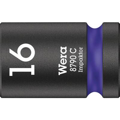 'Zwarte dopsleutel met witte opdruk: 16, Wera 8790 C, Impaktor. Blauwe ring rond de basis.'