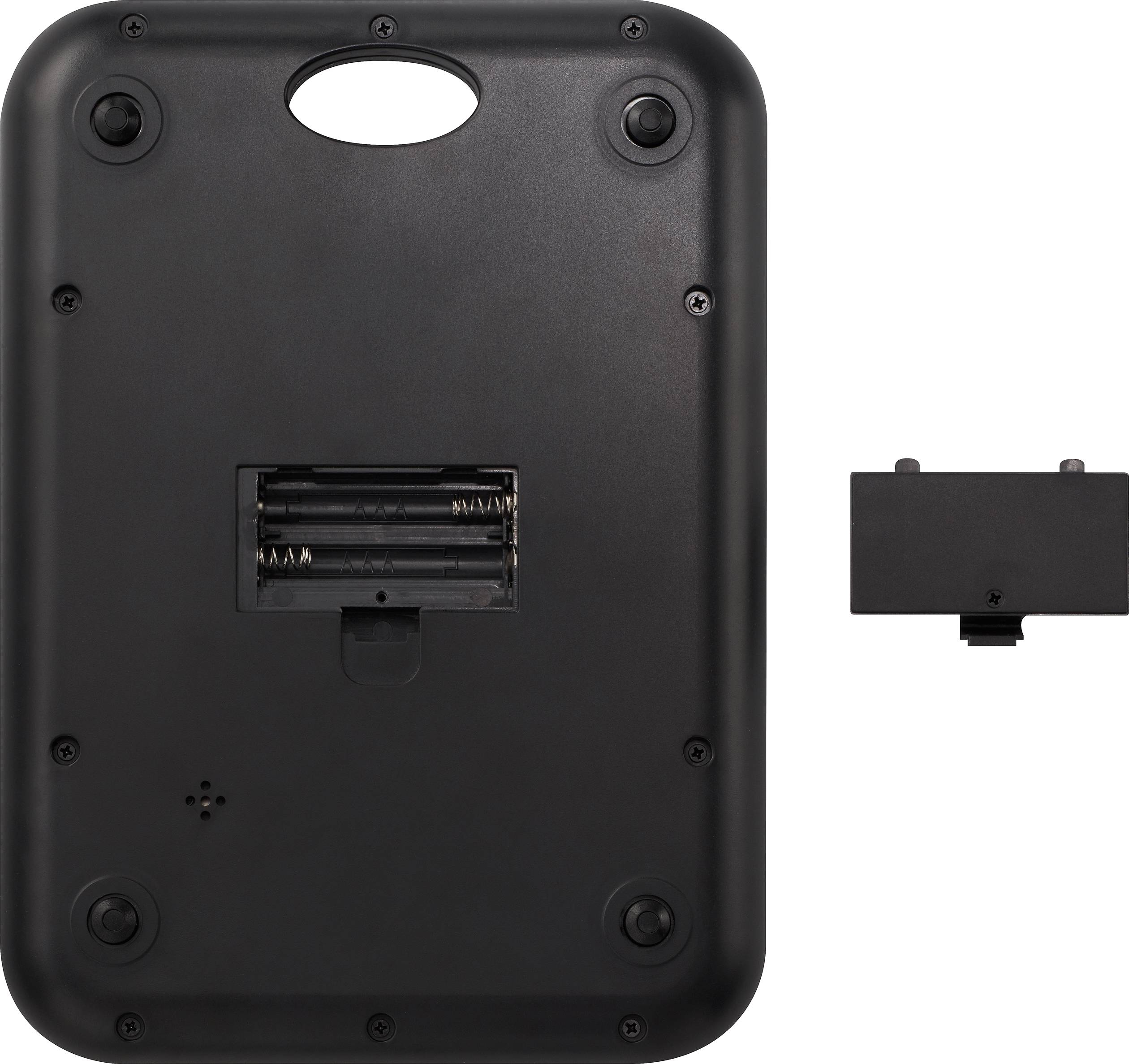 Achterkant van een zwarte, rechthoekige apparaat met een open batterijcompartiment. Een afzonderlijke batterijklepje ligt ernaast.