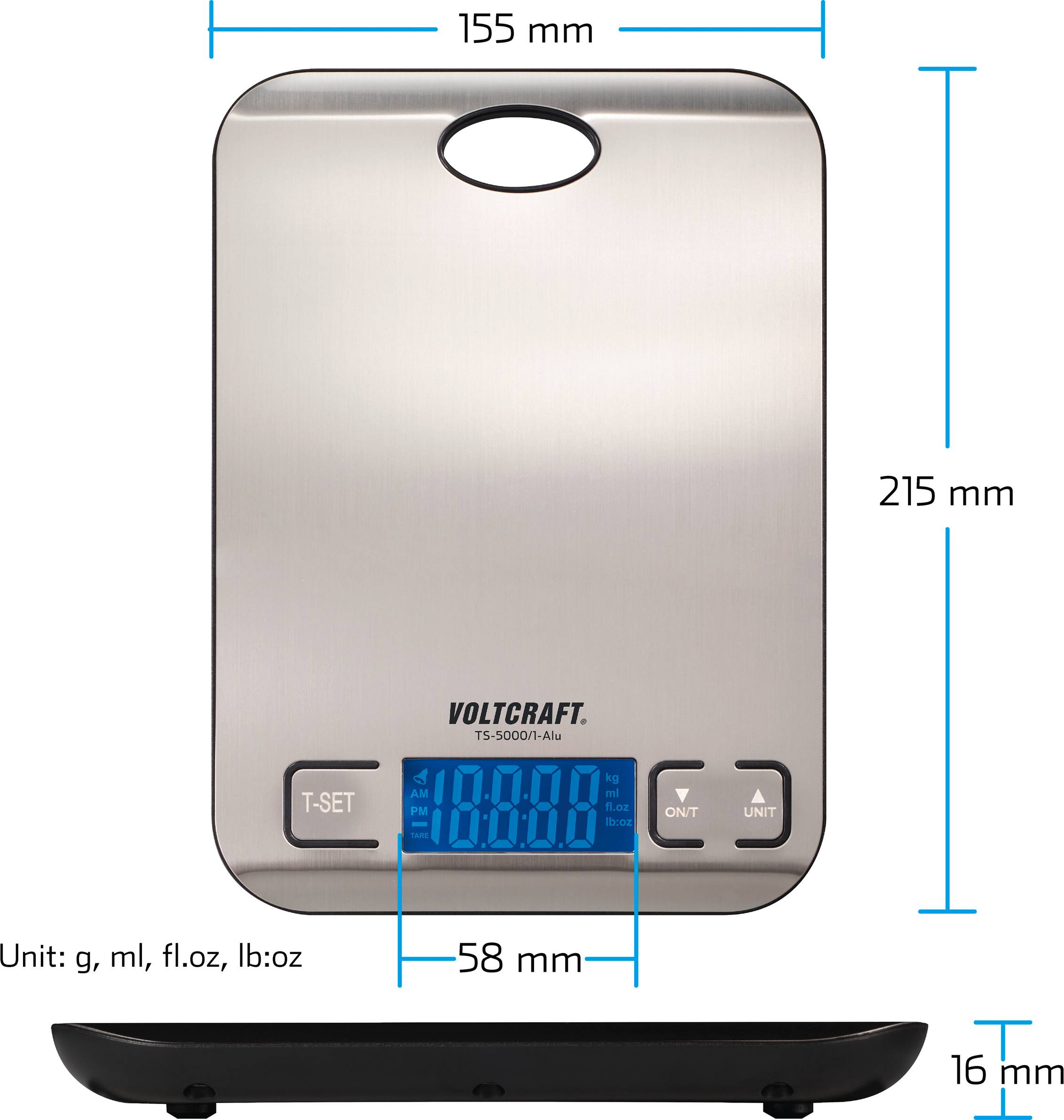 Digitale keukenweegschaal met roestvrijstalen oppervlak, display toont '1000 g'. Afmetingen: 215 mm hoogte, 155 mm breedte, 16 mm dikte.