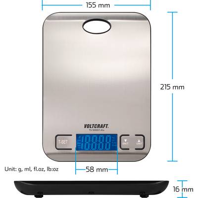 Digitale keukenweegschaal met roestvrijstalen oppervlak, display toont '1000 g'. Afmetingen: 215 mm hoogte, 155 mm breedte, 16 mm dikte.