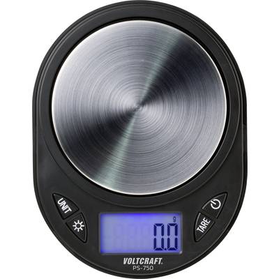 Elektronische keukenweegschaal met digitaal display, toont '0.0 g'. Rond roestvrij stalen weegoppervlak, zwart omrand, met bedieningsknoppen.