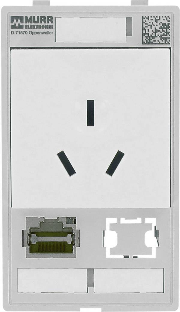 'Witte wandcontactdoos met 3-polige steekopening, Ethernet-aansluiting en extra ruimte voor modules. Gemerkt met Murr Elektronik.'