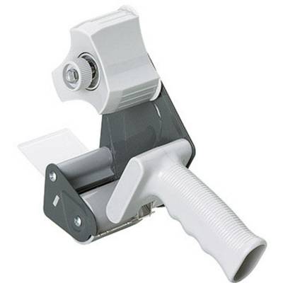 Een grijze handtape-dispenser voor verpakkingsplakband, met een ergonomische handgreep en instelbare spanning.