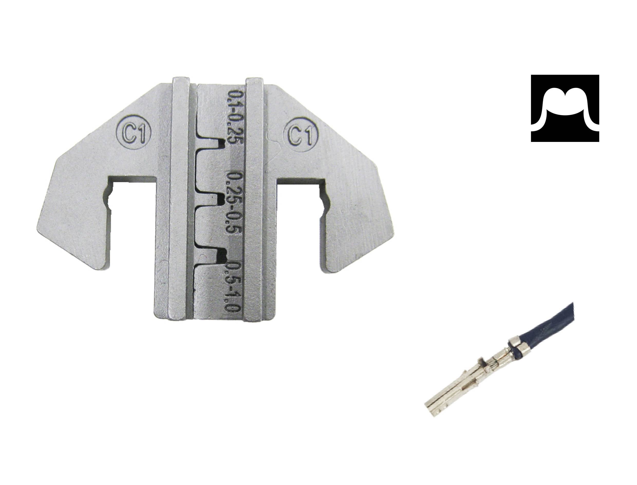 'Draadstripondersteuning' toont een metalen gereedschap met metingen voor draaddiameters. Rechts daarnaast een zwart kabel met een metalen stekker.