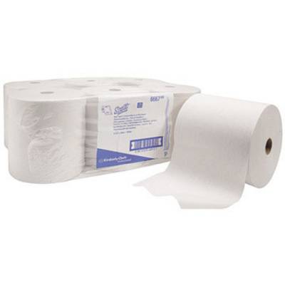 Een mega-rol papieren handdoeken met wit, zacht gestructureerd papier. De verpakking toont het productlabel.