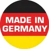 'Made in Germany' in witte letters op een ronde achtergrond in de kleuren van de Duitse vlag: Zwart, Rood, Goud.