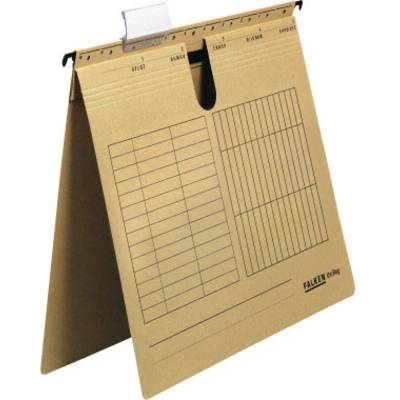 Hangmap van bruine karton met voorgedrukte tabellen voor documentenorganisatie. Bevat meerdere vakken en een etikettenstrook.