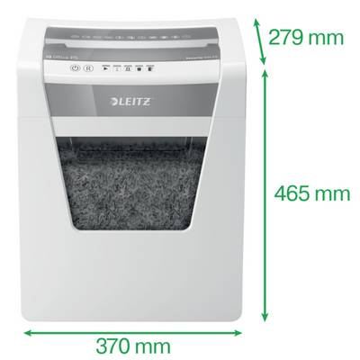 Een witte papierversnipperaar van Leitz met de afmetingen: breedte 370 mm, hoogte 465 mm, diepte 279 mm. Geschikt voor het vernietigen van documenten.