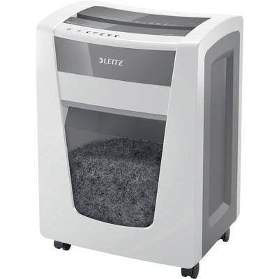 Een witte papiervernietiger met een merklogo in het midden, vooraan een transparante bak vol versnipperd papier.